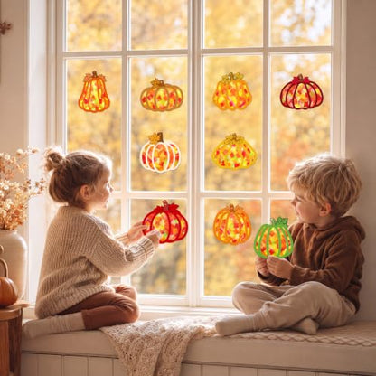 Renbuzhu 48PCS Fall Crafts Bulk: Pumpkin Paper Suncatchers DIY Kit for Autumn Thanksgiving Activities Decorations, Window Stained Glass Effect Art Supplies - style: pumpkin