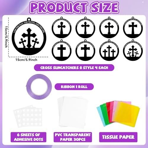 QOUBAI 32 Sets Easter Cross Suncatchers Craft Kit DIY Religious Window Stained Glass Effect Christian VBS Paper Hanging Ornament Kid Sunday School Birthday Gift Creative Art Project Activity Game - style: Circle Cross