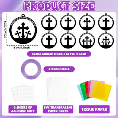 QOUBAI 32 Sets Easter Cross Suncatchers Craft Kit DIY Religious Window Stained Glass Effect Christian VBS Paper Hanging Ornament Kid Sunday School Birthday Gift Creative Art Project Activity Game - style: Circle Cross