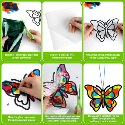 Lonfliness 32 Sets Spring Bug Suncatchers Craft Kit DIY Insect Window Stained Glass Effect Paper Butterfly Bee Home School Classroom Decoration Summer Art Creative Activity Project Gift Favor - style: Insect