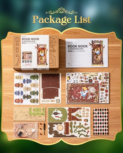 Rolife Book Nook Kit Fall into Wonder 3D Wooden Puzzles 9.9" Wonderland Booknooks DIY Miniature Kit with LEDs Fairy Tale Bookshelf Decor Craft for Adults Gift for Mom Women Men