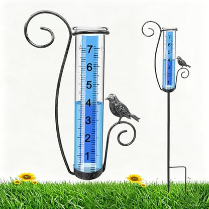 Rain Gauge Outdoor, Upgraded Unique Decorative Bird Ornament Tall Rain Measure Gauge Stake, Adjustable Height Frost-Proof Tube with Large Bold Scale for Yard Lawn Patio