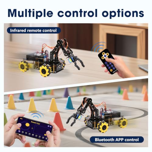 ACEBOTT 5DOF Robot Arm Car Kit, ESP32 Programmable Coding Robot with 4WD App & Remote Control, Arduino Python Blockly Compatible STEM Robotics Building Kit for Kids 12+ Teens and Adults