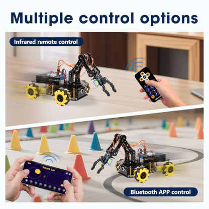 ACEBOTT 5DOF Robot Arm Car Kit, ESP32 Programmable Coding Robot with 4WD App & Remote Control, Arduino Python Blockly Compatible STEM Robotics Building Kit for Kids 12+ Teens and Adults