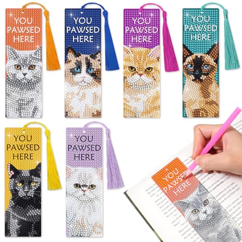 6 PCS Diamond Art Kits Bookmarks Cat Diamond Painting Bookmark, 5D DIY Book Marks Dimond Art Paintings Gem Art, Acrylic Bookmarks with Tassels,Arts and Crafts for Adults Reading Gifts for Book Lovers - style: Cat