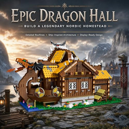 Medieval Viking House Building Set Collectible Model for Adults, Compatible with Lego Farm with Lights Home Office Decor for Adults - 3129PCS