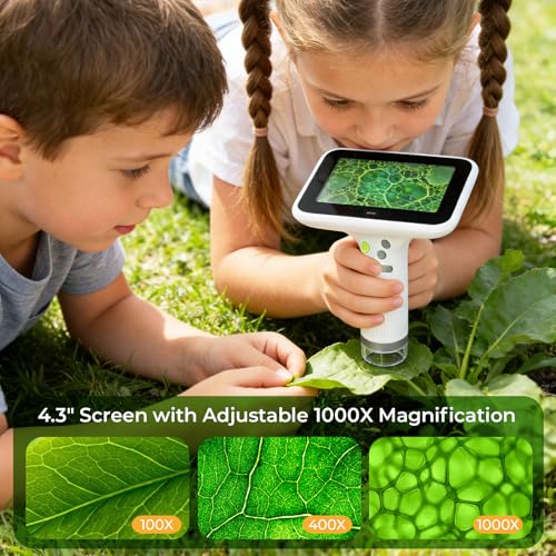 1000X Handheld Digital Microscope for Kids, 4.3" Large LCD Screen Rechargeable Portable Microscope, Take Photos & Videos, Outdoor Exploration Gift for Boys & Girls, Works with Windows & Mac