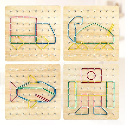 HEELWIRE Wooden Geoboard, Montessori Educational Toy for Kids with Pattern Cards and Rubber Bands to Figures and Shapes, Brain Teaser STEM Geo Board - size: 7*7*0.6 in Plus