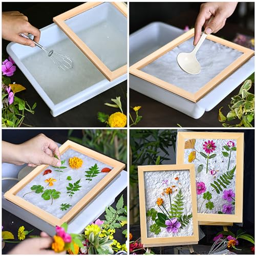 Okllen Set of 4 Paper Making Screen Kit, Wooden Paper Making Frames with Mesh, Absorbent Paper and Sponge for DIY Paper Crafts Size (A4, A5, A6, A7)