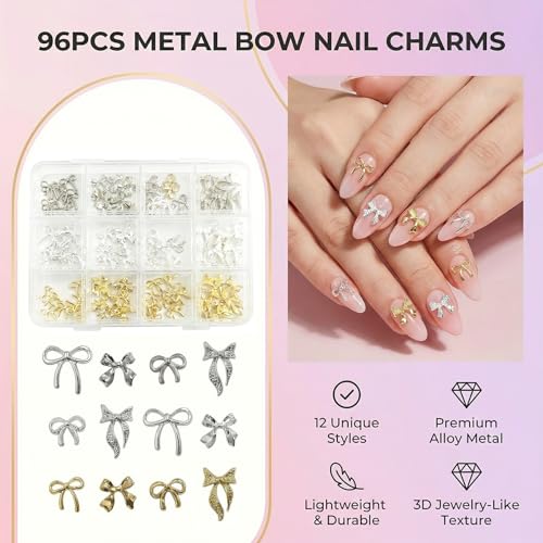 YOJO 3D Bow Nail Charms, Premium Metal Alloy Designs, 96pcs Gold & Silver Y2K Style Bowknot Charms for Acrylic Nails DIY Crafts - color: Gold&Silver