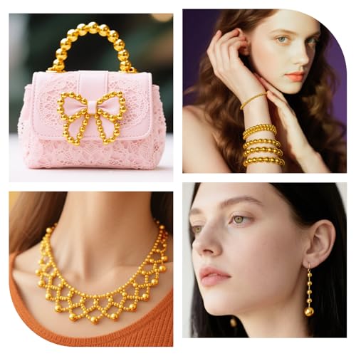Laopottbeads 1225 Pcs Gold Beads with Oxidation-Resistant Finish, 4/6/8/10/12mm Round Beads DIY Kit for Bracelets, Earrings, Necklaces & Anklets - color: Golden, size: 4/6/8/10/12 mm, 1225 pcs