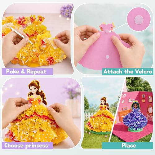 ArRuKi 3D Poke Art Princess Craft Kit for Girls - Mess Free Fabric Fashion Design Pretend Play Set with House & Display Stands - Fine Motor Skills Activity Gift for Kids Ages 4, 5, 6, 7, 8, 9 - color: Pink