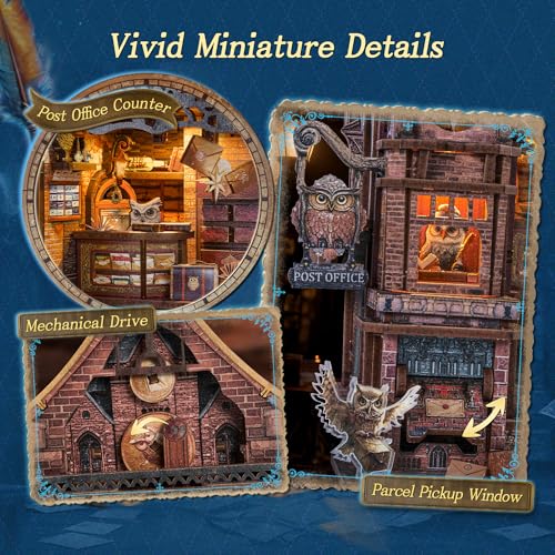 FUNPOLA LED 3D Wood Puzzle Owl Post Office, Dynamic Model with Mechanical Gears, DIY Miniature Kit with Music and LED Lights, Home Décor Gift for Adults