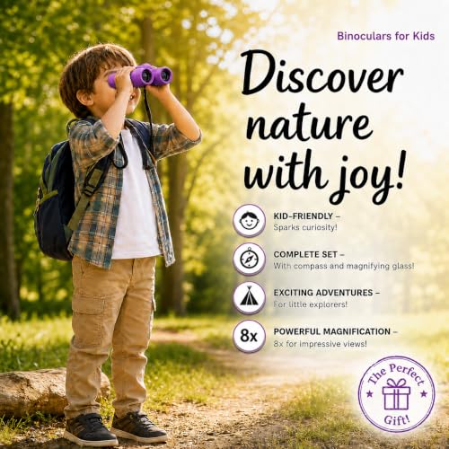 Binoculars for Kids – Perfect Toy for Little Boys and Girls – Extensive Set Incl. Magnifying Glass & Compass – Powerful Magnification 8X21 – 3 to 12 Year Old Kids for Toddler - color: Purple