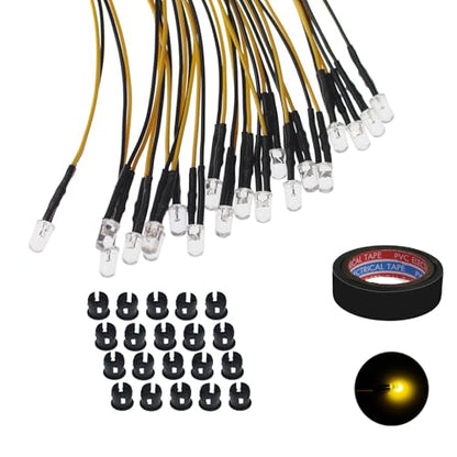 20PCS 12V 5mm Pre-Wired Yellow LED Diodes with Resistor, Includes 20 Black Mounts & 5-Meter Tape, for Turn Signal Indicators, Equipment Warning Lights, and Caution Signs - color: Yellow