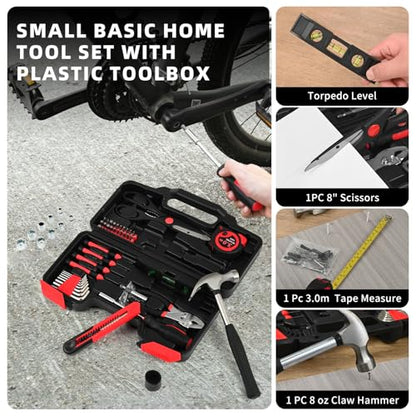 144-Piece Red Home Tool Set, Household Hand Kit with Plastic Toolbox - color: Red, size: 144-Piece