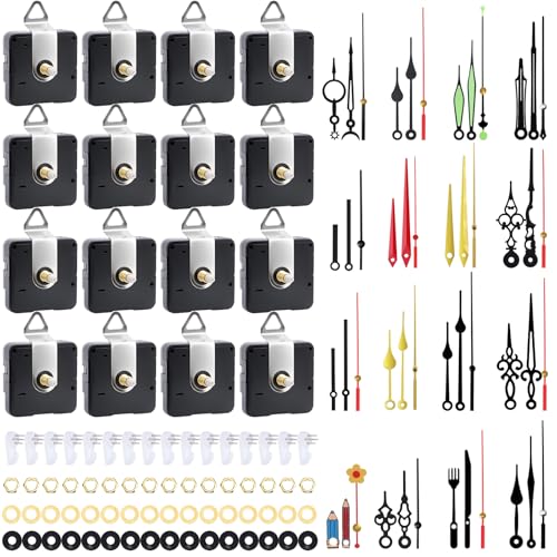 16 Pack Quartz Clock Movement Mechanism Kit, Silent Sweep Non-Ticking, 20mm Total Shaft (11mm Thread) Fits 3–6mm Dials, 16 Hand Styles, Hanging Hooks & Traceless Nails, DIY Wall Clock Repair - color: 16-pack