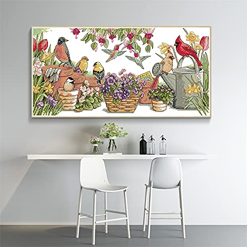 CROSSDECOR Stamped Cross Stitch Kits，Cross-Stitching Pattern for Home Decor, 14CT Pre-Printed Fabric Embroidery Crafts Needlepoint Kit-Birds Gather in Garden - color: Birds gather in garden