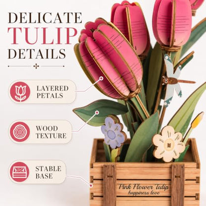 Evankin 3D Wooden Pink Tulip Puzzle Kit, DIY Bouquet Model - color: Pink Tulip