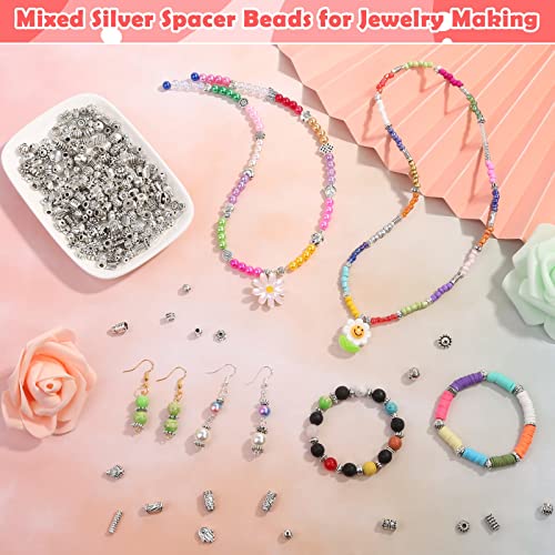 350 Pcs Silver Spacer Beads for Jewelry Making, Mixed Bulk Random Styles Metal Beads for Bracelets, Necklace, Earring Jewelry Making - color: Silver1
