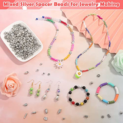 350 Pcs Silver Spacer Beads for Jewelry Making, Mixed Bulk Random Styles Metal Beads for Bracelets, Necklace, Earring Jewelry Making - color: Silver1