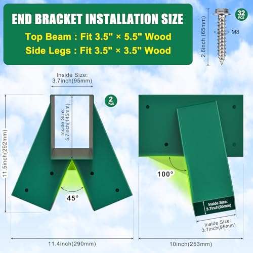 BeneLabel A-Frame Swing Set Brackets with 4pcs Swing Leveling Base Brackets Heavy Duty Swingset Hardware Kit DIY Swingset End Bracket for 4 (4x4) Legs & 1 (4x6) Beam Green - color: Green