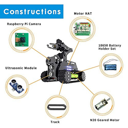 DIY Robot Model Kit for Raspberry Pi 4/3 Model B+/B WiFi Wireless Smart Robot Car Kit with 4-DOF Robotic Arm/OpenCV Target Tracking/Video Transmission Rasptank Robotic Kit with PDF