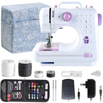 Sewing Machine for Beginners & Kids, Mini Portable Sewing Machines with 12 Built-in Stitch Patterns, 2-Speed Foot Pedal, Perfect for Teaching Daughter to Sew(with 27 Pieces Sewing Kit & Cover)