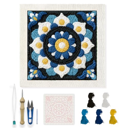INFUNLY Mandala Punch Needle Kit Blue White DIY Embroidery Punch Needle Set for Adults Square 9.4" Punches Stitching Starter Kits with Easy to Follow Instructions Yarns Fabric Festival Gift Home Decor - style: Blue Mandala