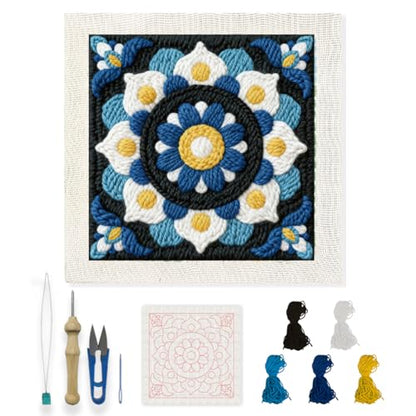 INFUNLY Mandala Punch Needle Kit Blue White DIY Embroidery Punch Needle Set for Adults Square 9.4" Punches Stitching Starter Kits with Easy to Follow Instructions Yarns Fabric Festival Gift Home Decor - style: Blue Mandala