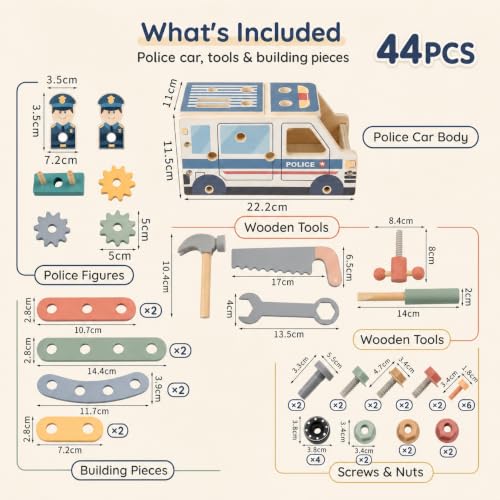 Kids Tool Set, 44 PCS Wooden Toddler Tool Box Workbench Kit with Hammer, Police Car Montessori STEM Educational Construction Building Pretend Play Toy, Birthday Gift for Ages 3-6 Year Old Boys Girls