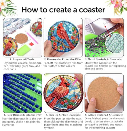 Christmas Cardinal Diamond Art Coasters Kit,8 Pcs Diamond Painting Coasters - color: Cardinal
