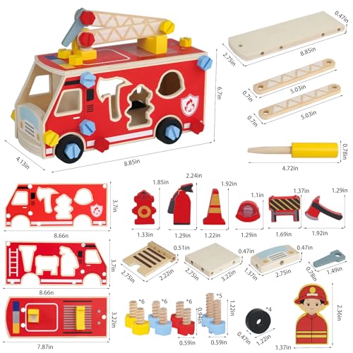 LOVELAND Wooden Fire Truck Toy, Take Apart STEM Building Set with Kid-Safe Screwdriver & 6 Shape Sorter Tools, DIY Montessori Construction Vehicle, Pretend Play Educational Gift for Boys Girls Ages 3+