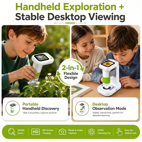 Microscope for Kids with 1080P 2.4" Screen, 2 in 1 Desktop & Handheld