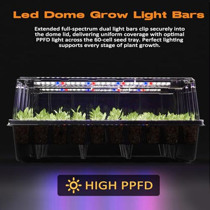 Patigrow 60-Cell Self-Watering Seed Starter Tray with Grow Light, Seed Starter Kit with 4.07” Humidity Dome, Indoor Seedling Starter Tray, Seed Starting Trays for Plant Germination, Seeds Growing