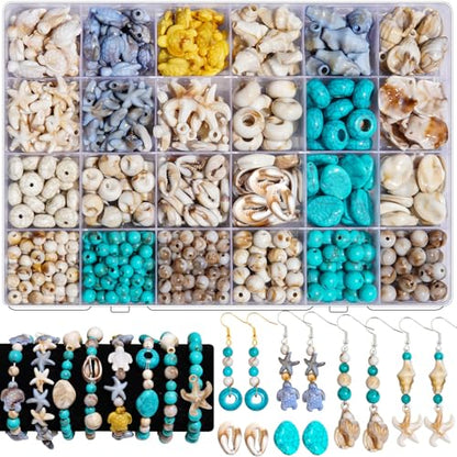 600+Pcs Ocean Beads Kit Seashell Starfish Turtle for Bracelet Making - color: Beige+Sea Blue