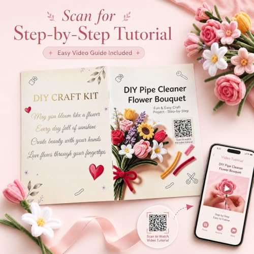 YYAWWNE 800 PCS Pipe Cleaners Flower Kit, 13 Colors Chenille Stem, with Handle, Packaging Paper and Ribbon Decoration and Instruction, DIY Bouquet Art Supplies, Art and Craft Supplies