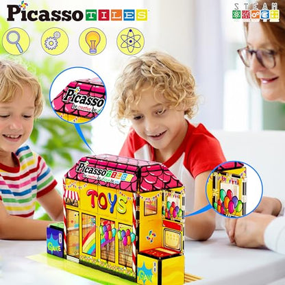 PicassoTiles 60pc Magnetic Building Block Magnet Tile Toy Shop Theme Pretend Play Construction Kit Reconfigurable Printed Structure Double-Sided Printing Education STEM Learning Playset Ages 3+ PTQ50 - color: Toy Shop