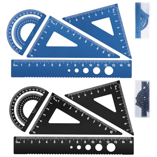 Honagu Triangular Ruler Set, 8 Pieces/2 Sets Aluminum Alloy Ruler, Metal Drafting Ruler, Geometric Protractor for Students, Draftsmen, Engineers, School Office Supplies (Blue+Black) - color: Blue+Black