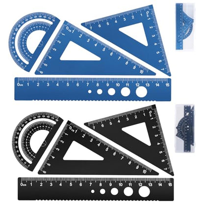 Honagu Triangular Ruler Set, 8 Pieces/2 Sets Aluminum Alloy Ruler, Metal Drafting Ruler, Geometric Protractor for Students, Draftsmen, Engineers, School Office Supplies (Blue+Black) - color: Blue+Black