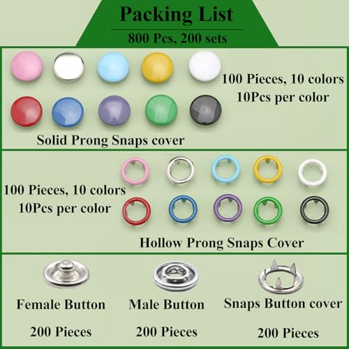 MIFOLEU Colorful Snap Button Kit, 9.5mm Sets Snaps for Fabric with Tool - color: 200 Sets/Colorful/Mix-9.5mm