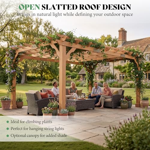 AMERLIFE 12x16 FT Outdoor Wooden Pergola, Large Solid Cedar Wood Pergola Kit with Slatted Roof Design, Heavy-Duty Frame for Backyard, Patio & Garden, Red-Brown Finish - size: 12x16 FT