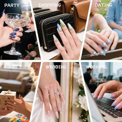 Handmade Square Coffin Press on Nails – Ocean Ombre Blue Bronze Nails with 3D Carved Flower & Gold Foil, Reusable Glossy Stick on Fake Nails, 10pcs Acrylic Nail Set with Tool Kit (Size M) - color: 01, size: Medium