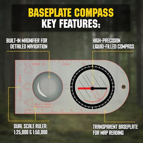 M‑Tac Liquid Filled Baseplate Compass – Glow‑in‑Dark Orienteering/Map‑Reading Compass for Hiking, Survival, Camping, Hunting, Navigation