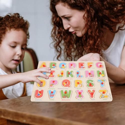 Alphabet Puzzle Wooden Puzzles for Toddlers 3+ Year Old, ABC Puzzle Shape Alphabet Learning Puzzles Toys with Puzzle Board & Letter Blocks, Preschool Education Puzzle for Girls and Boys, Large - style: Alphabet Puzzle