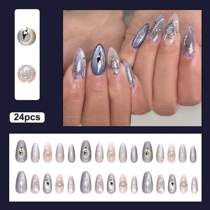Almond Press on Nails Medium Purple Fake Nail Magic Style Lunna and Black Cat Acrylic Nail Press ons Cat Eye Stick on Nail for Women 24pcs - color: Color41