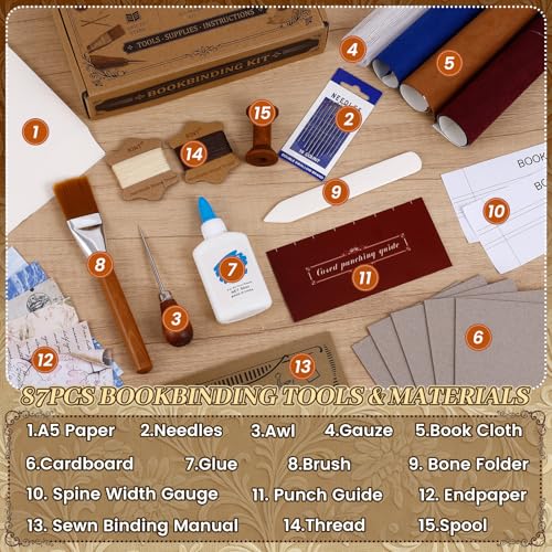 FOGWOWO 87 Pcs Book Binding Kits,Book Making Kit Tools with Video Tutorials - color: Bookbinding Kit-A