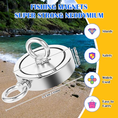 VNDUEEY 1725LBS Magnet Fishing Kit, 3.7" Double Hole Fishing Magnet Kit with Rope, Strong Magnets for Retrieving in River Lake Beach and Lawn, Includes 65Ft Rope, Carabiner, Gloves, Grappling Hook - size: 3.7" 1725LBS, style: Double Hole Kit