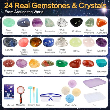 QLKUNLA Gemstones Dig Kit, Excavate 24 Real Gems in Solar System STEM Educational Space Toys for Boys & Girls Archaeology Geology Science Project Gift
