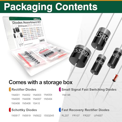 240PCS Diode Assortment Kit, 20 Values Rectifier & Schottky Diodes - size: 20 Values 240Pcs